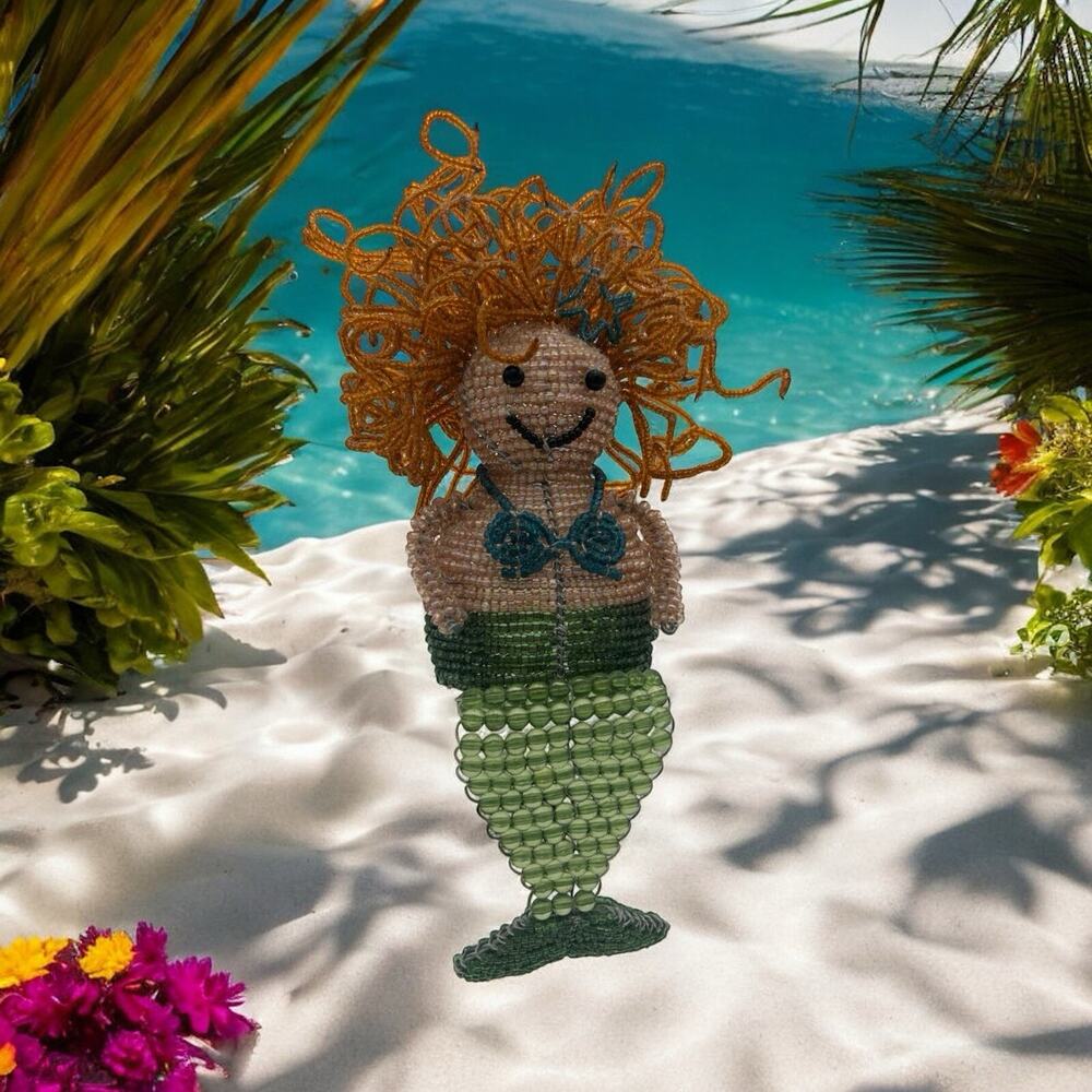 Beadworx by GRASS ROOTS Beaded Mermaid Shelf Sitter Smiling Red Hair